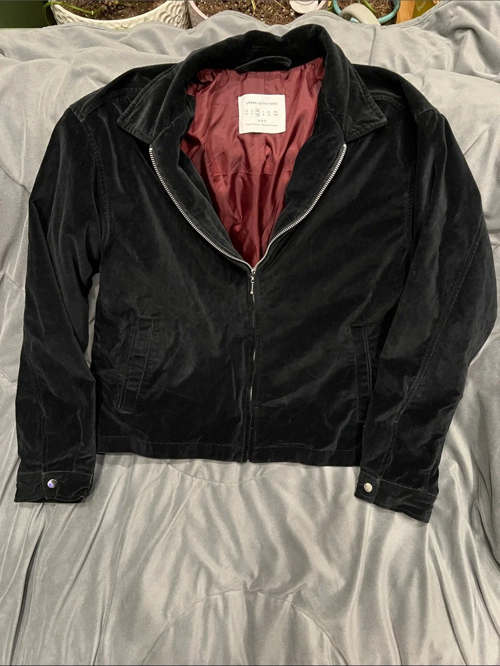 Urban Outfitters Black Velvet Bomber Jacket with Burgundy Lining